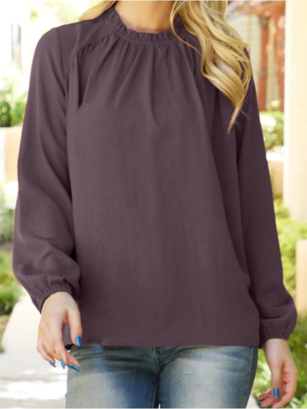 Source Unknown Women's Long Sleeve Smocked Neck Blouse - Plum
